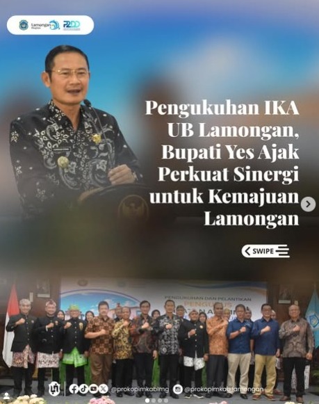 Foto: PENGUKUHAN IKA UB LAMONGAN, BUPATI YES AJAK PERKUAT SINERGI UNTUK KEMAJUAN LAMONGAN