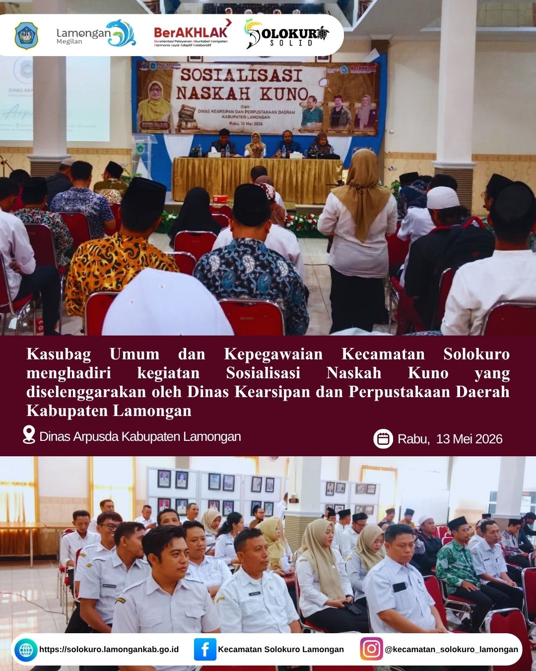 Foto: KASUBAG UMUM DAN KEPEGAWAIAN KECAMATAN SOLOKURO HADIRI SOSIALISASI NASKAH KUNO OLEH DINAS KEARSIPAN DAN PERPUSTAKAAN DAERAH KABUPATEN LAMONGAN