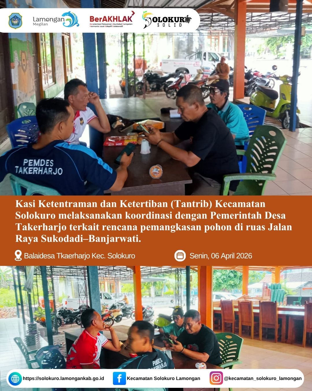 Foto: KASI TANTRIB KECAMATAN SOLOKURO LAKUKAN KOORDINASI DENGAN PEMDES TAKERHARJO TERKAIT PEMANGKASAN POHON DI RUAS JALAN SUKODADI–BANJARWATI