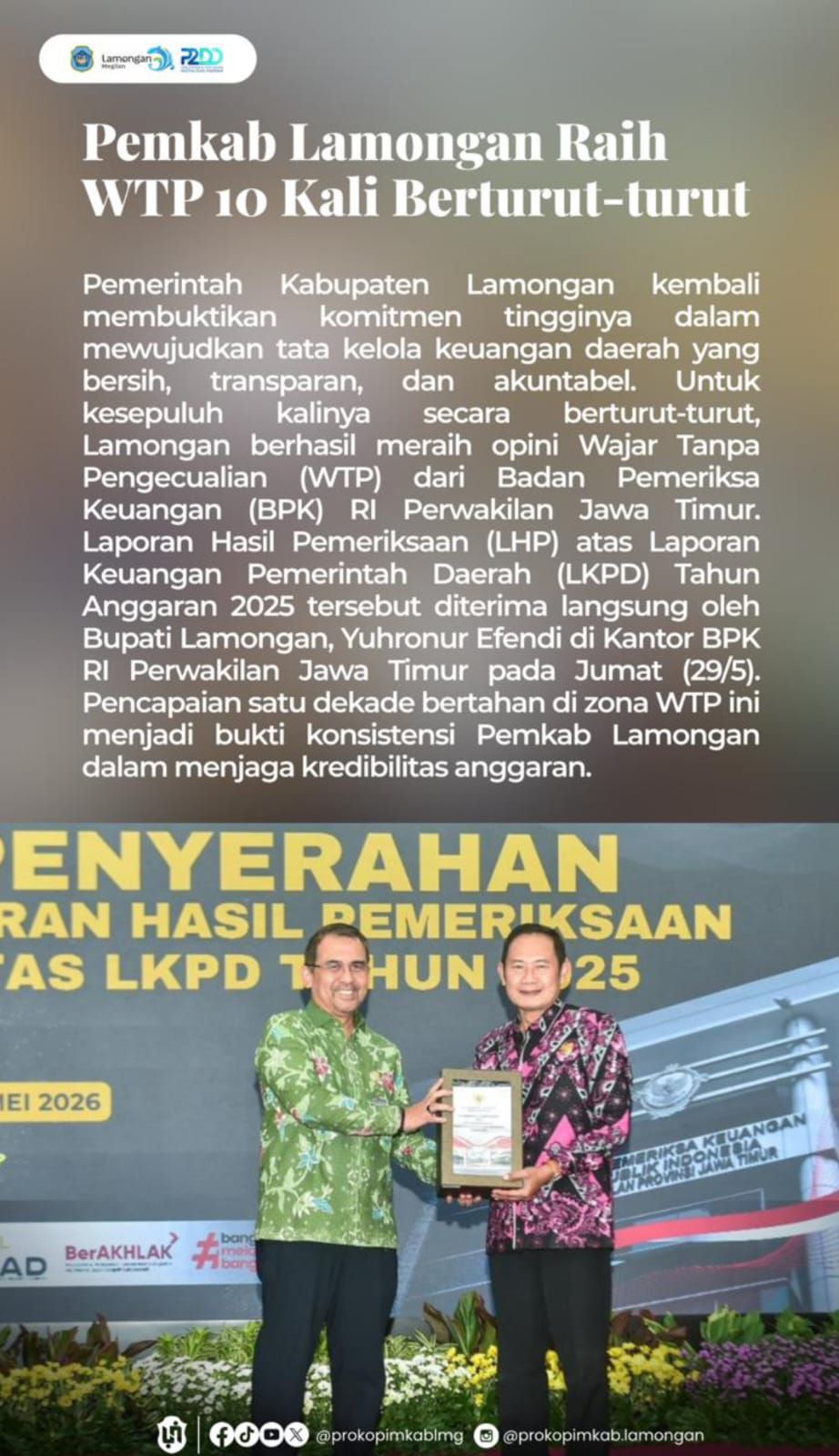 Foto: PEMKAB LAMONGAN MEMPEROLEH WTP10 KALI BERTURUT TURUT