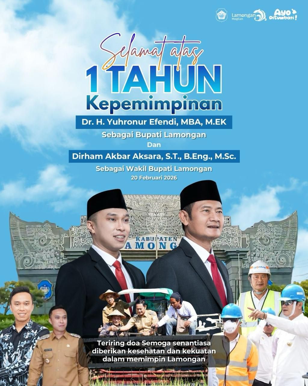 SELAMAT ATAS 1 TAHUN KEPEMIMPINAN DR. H. YUHRONUR EFENDI, MBA., M.EK. (BUPATI) DAN DIRHAM AKBAR AKSARA, ST., B. ENG., M.SC. (WAKIL BUPATI) KABUPATEN LAMONGAN.