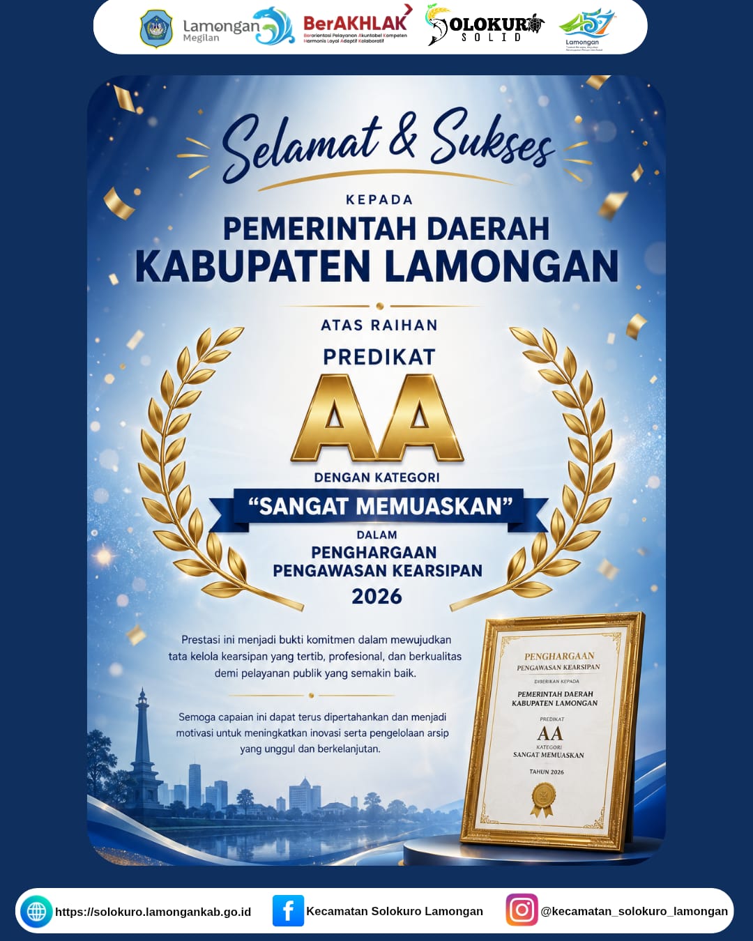 Foto: PEMERINTAH DAERAH KABUPATEN LAMONGAN RAIH PREDIKAT AA DENGAN KATEGORI "SANGAT MEJUASKAN" DALAM PENGHARGAAN PENGAWASAN KEARSIPAN