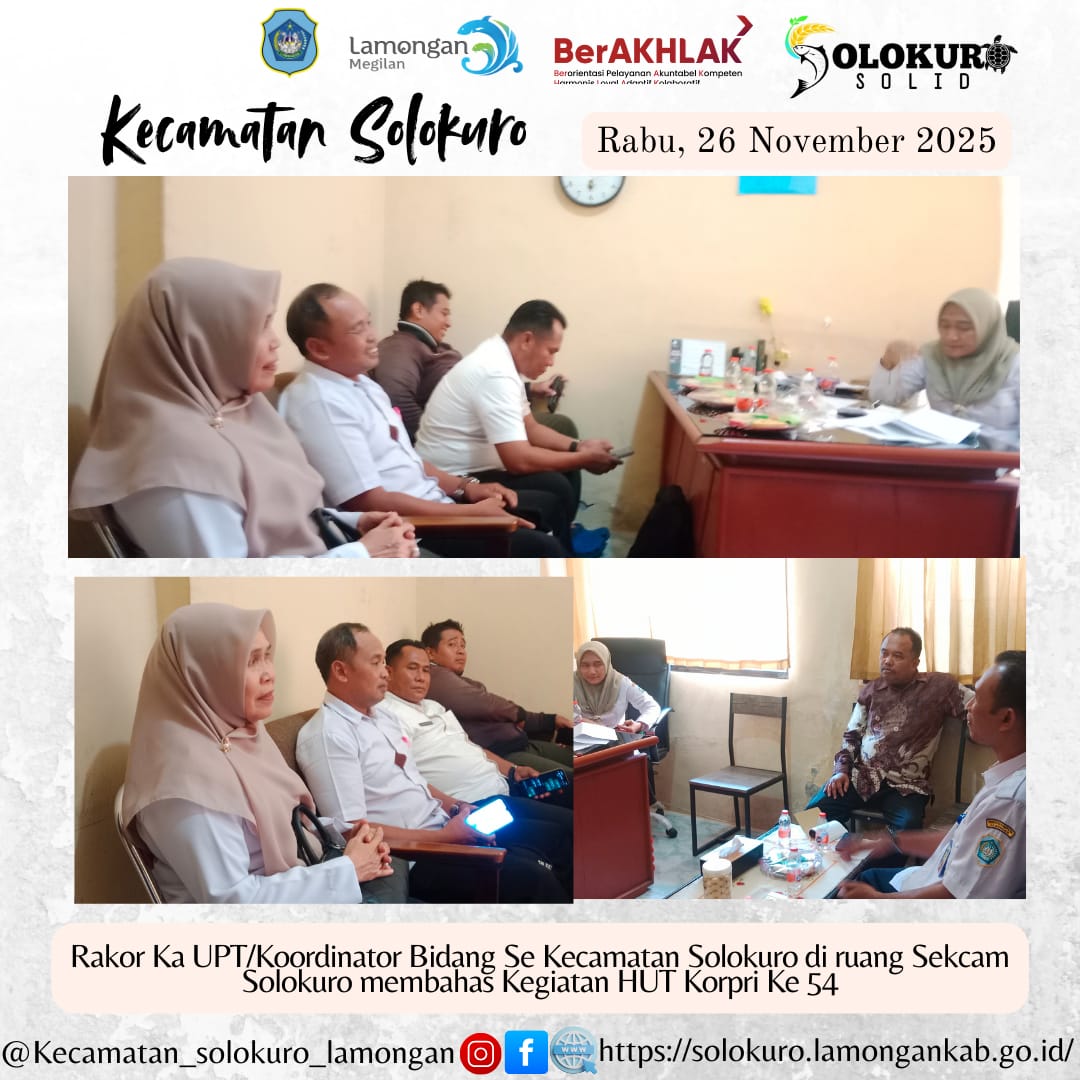 Foto: RAKOR KEPALA UPT/KOORDINATOR BIDANG SE-KECAMATAN SOLOKURO PERSIAPKAN LOMBA HUT KORPRI KE-54 KABUPATEN LAMONGAN