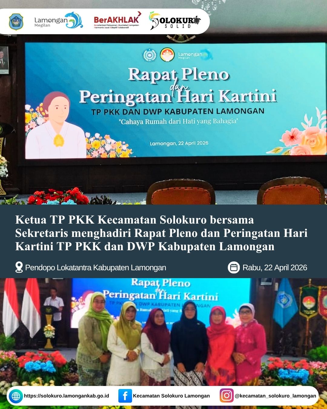 Foto: KETUA TP PKK KECAMATAN SOLOKURO BERSAMA SEKRETARIS HADIRI RAPAT PLENO DAN PERINGATAN HARI KARTINI TP PKK DAN DWP KABUPATEN LAMONGAN