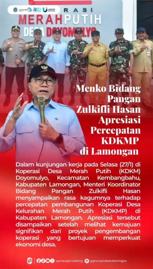 Foto: MENKO ZULKIFLI HASAN APRESIASI PERCEPATANKDKMP DI LAMONGAN