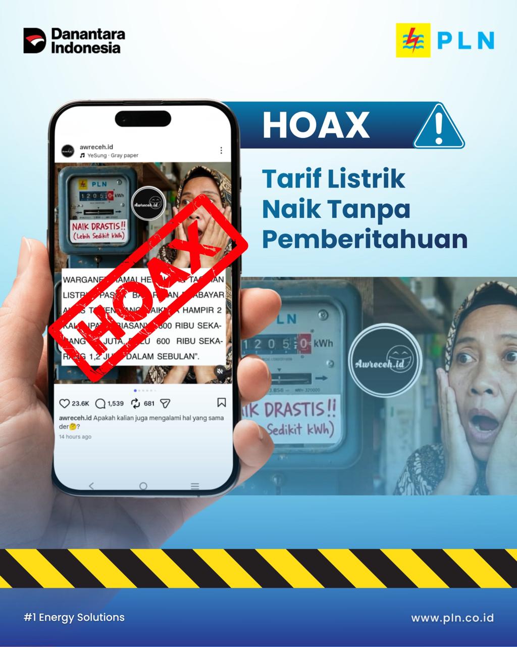 Foto: HOAX ! TIDAK ADA KENAIKAN TARIF LISTRIK TANPA PEMBERITAHUAN