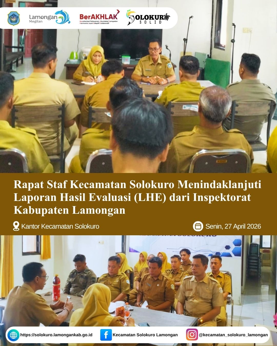 RAPAT STAF KECAMATAN SOLOKURO MENINDAKLANJUTI LAPORAN HASIL EVALUASI (LHE) INSPEKTORAT KABUPATEN LAMONGAN
