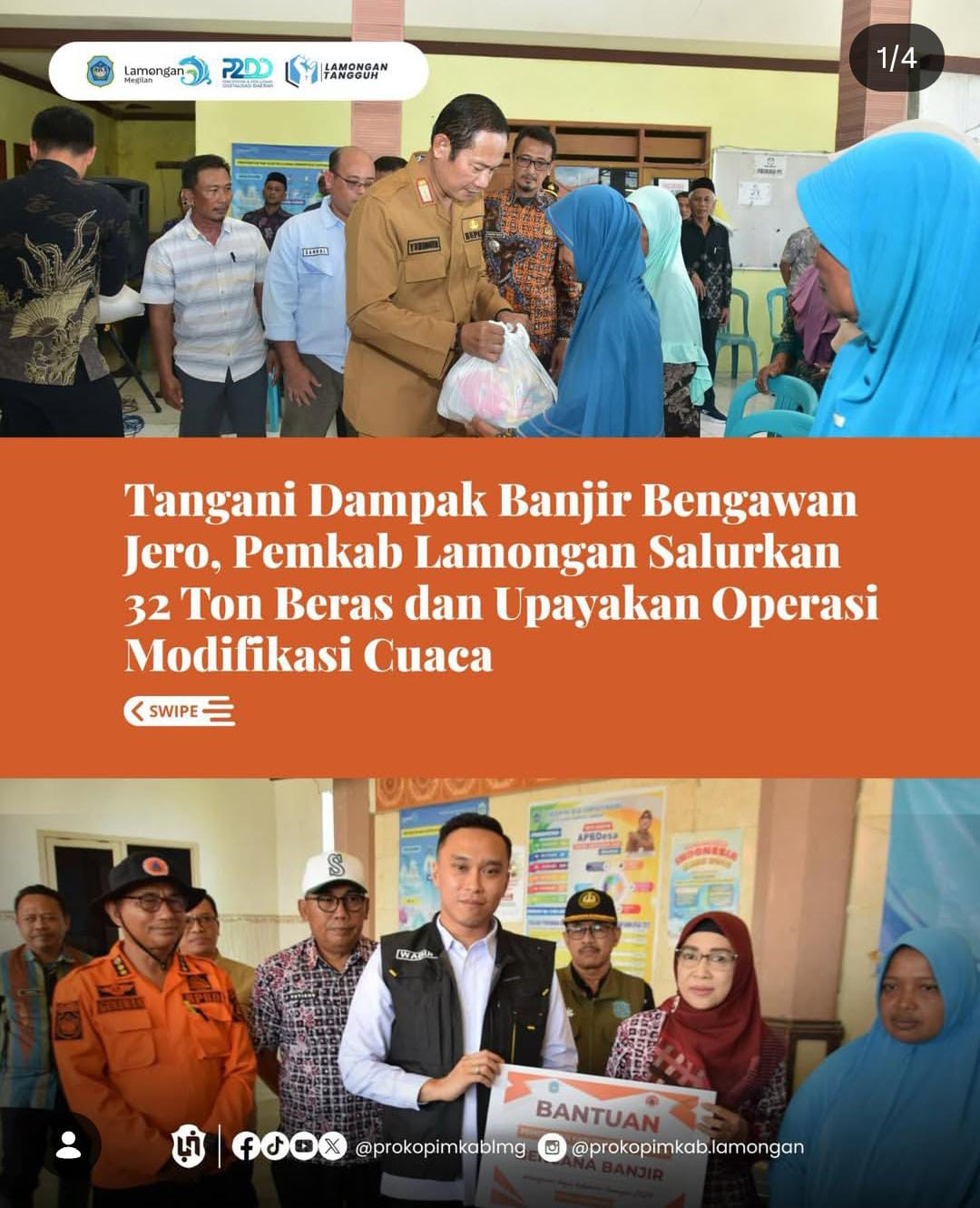Foto: Tangani Dampak Banjir Bengawan Jero, Pemkab Lamongan Salurkan 32 Ton Beras dan Upayakan Operasi Modifikasi Cuaca