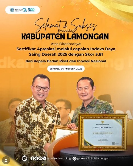 Foto: BERKOMITMEN PERKUAT DAYA SAING DAN INOVASI DAERAH, KABUPATEN LAMONGAN PEROLEH SERTIFIKAT APRESIASI IDSD 2025