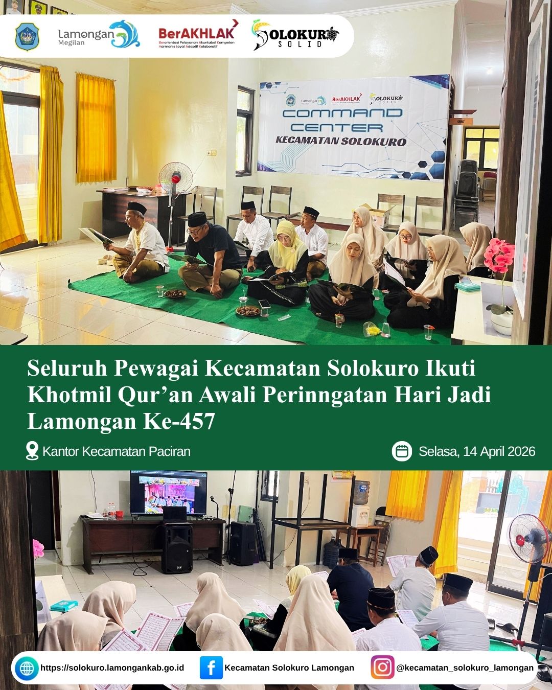 Foto: SELURUH PEGAWAI KECAMATAN SOLOKURO IKUTI KHOTMIL QUR’AN AWALI PERINGATAN HARI JADI LAMONGAN KE-457