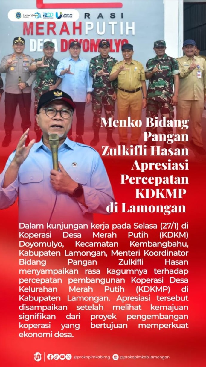 Foto: MENKO BIDANG PANGAN ZULKIFLI HASAN APRESIASI PERCEPATAN KDMP DI LAMONGAN