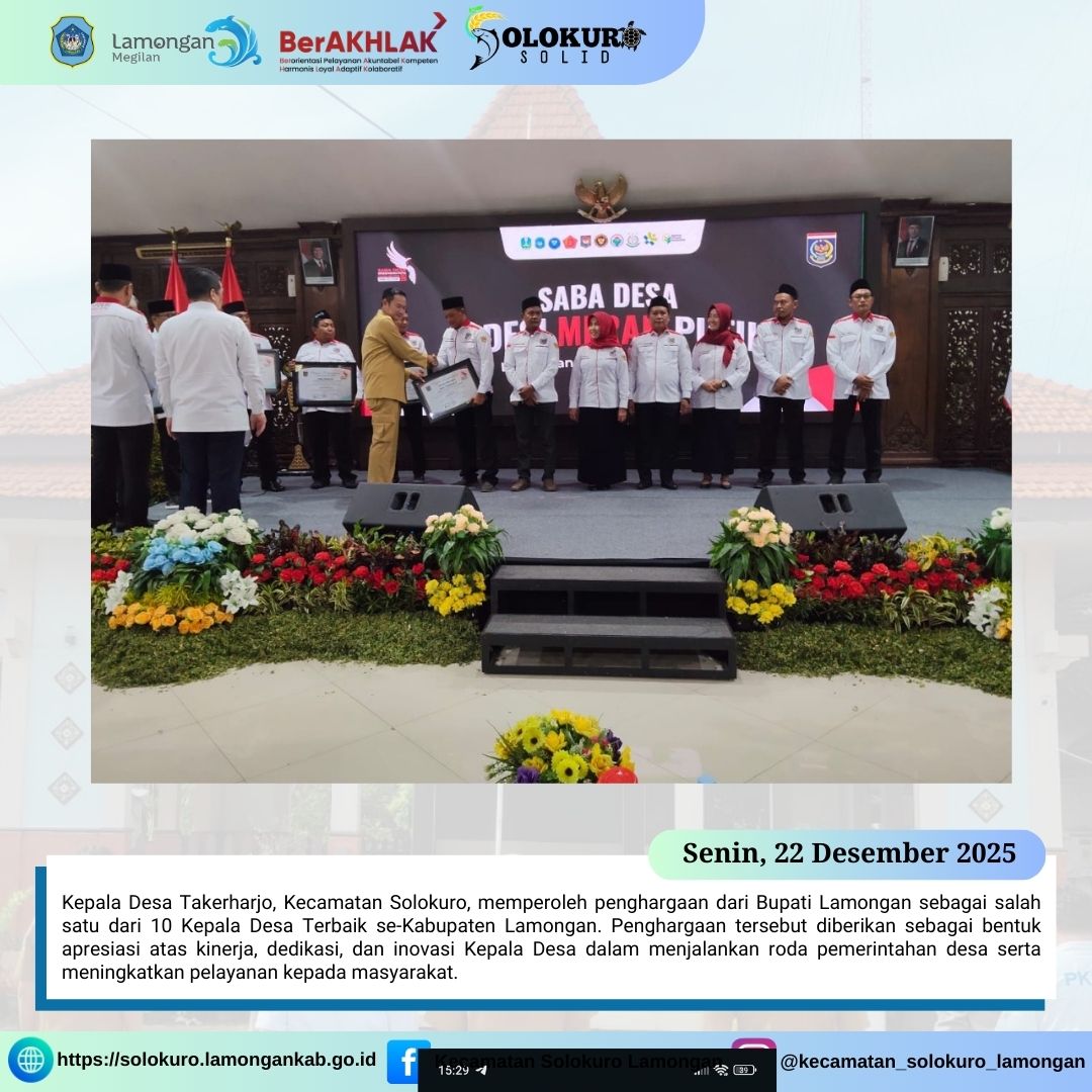 Foto: KEPALA DESA TAKERHARJO KECAMATAN SOLOKURO RAIH PENGHARGAAN SEBAGAI 10 KEPALA DESA TERBAIK SE-KABUPATEN LAMONGAN