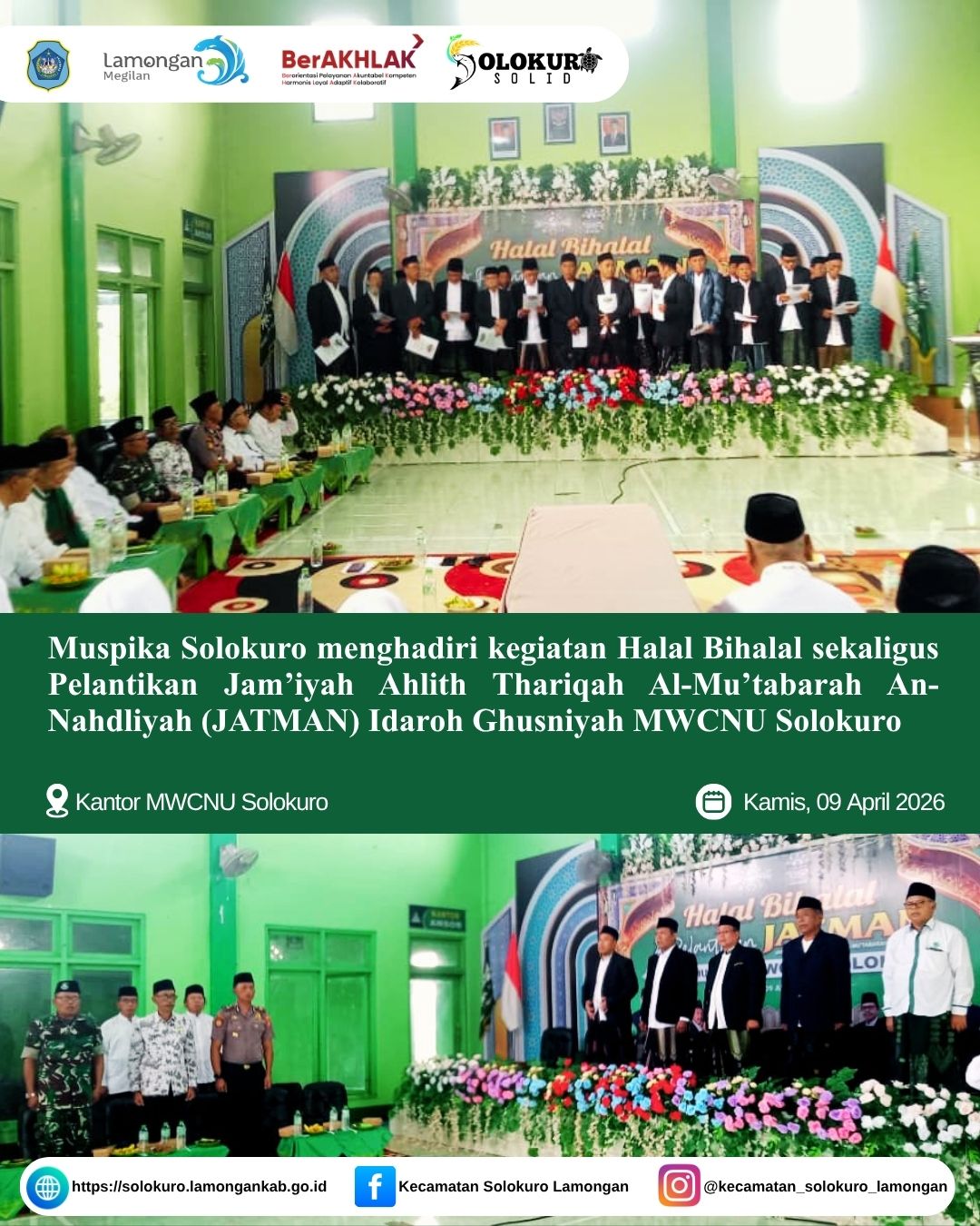 Foto: MUSPIKA KECAMATAN SOLOKURO HADIRI HALAL BIHALAL DAN PELANTIKAN JATMAN IDAROH GHUSNIYAH MWCNU SOLOKURO