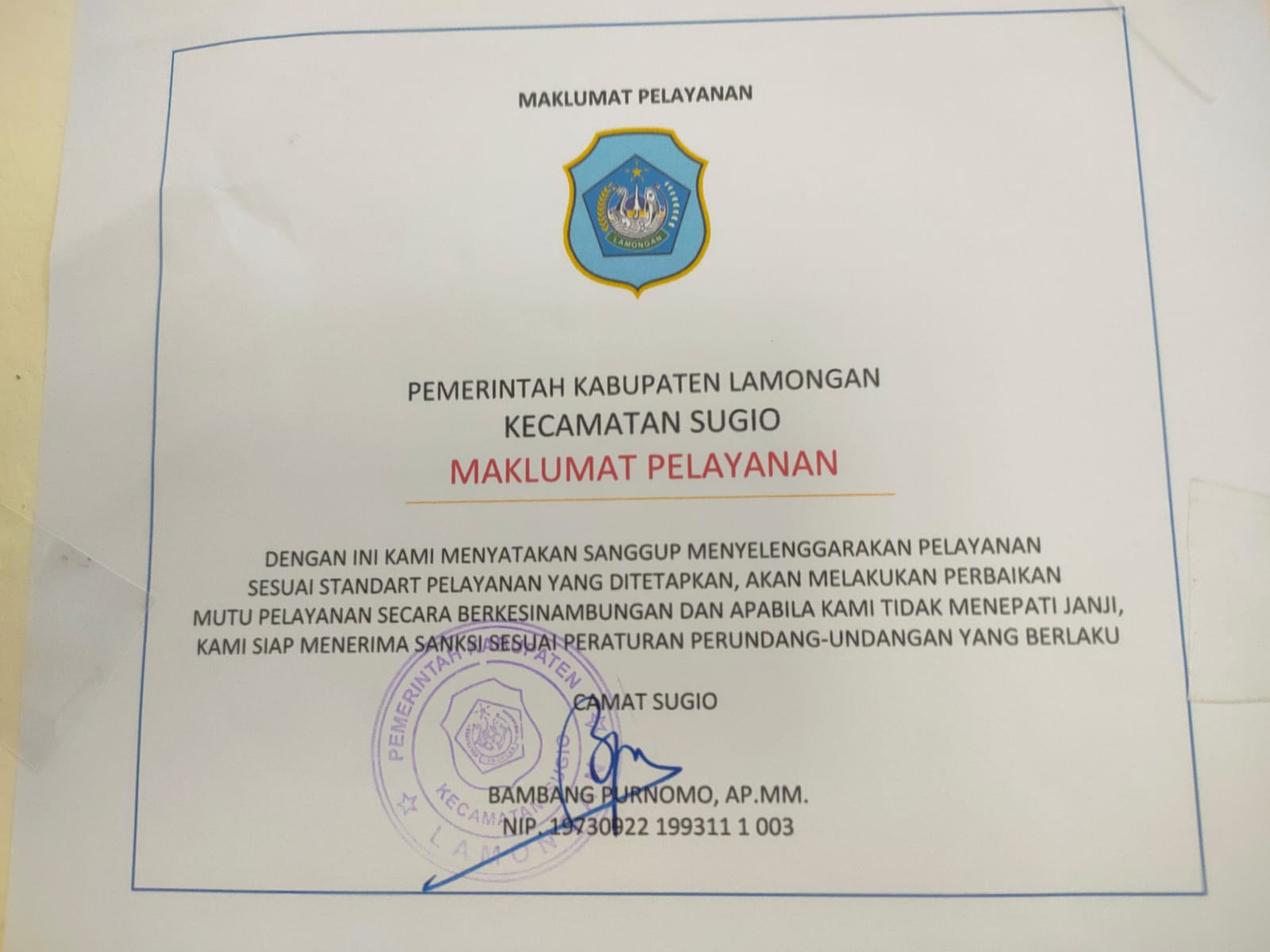 Foto: Maklumat Pelayanan Kecamatan Sugio
