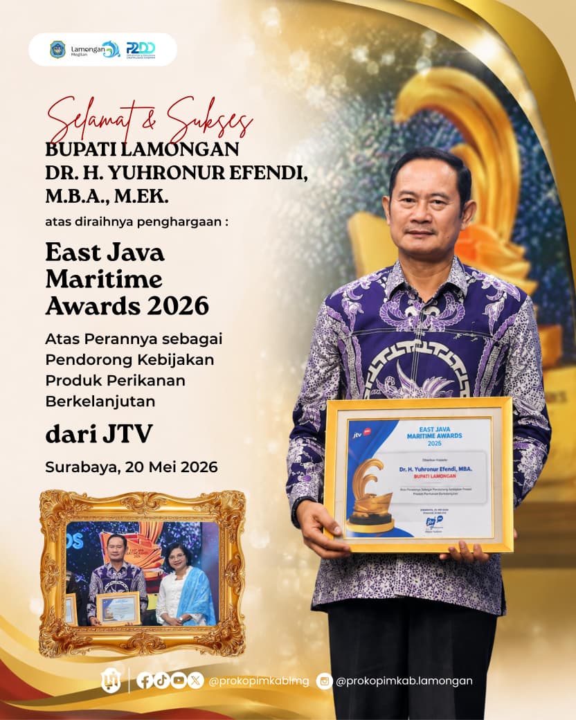 Selamat dan sukses kepada Bupati Lamongan, Yuhronur Efendi, atas penghargaan yang diraih dalam ajang East Java Maritime Awards 2026.