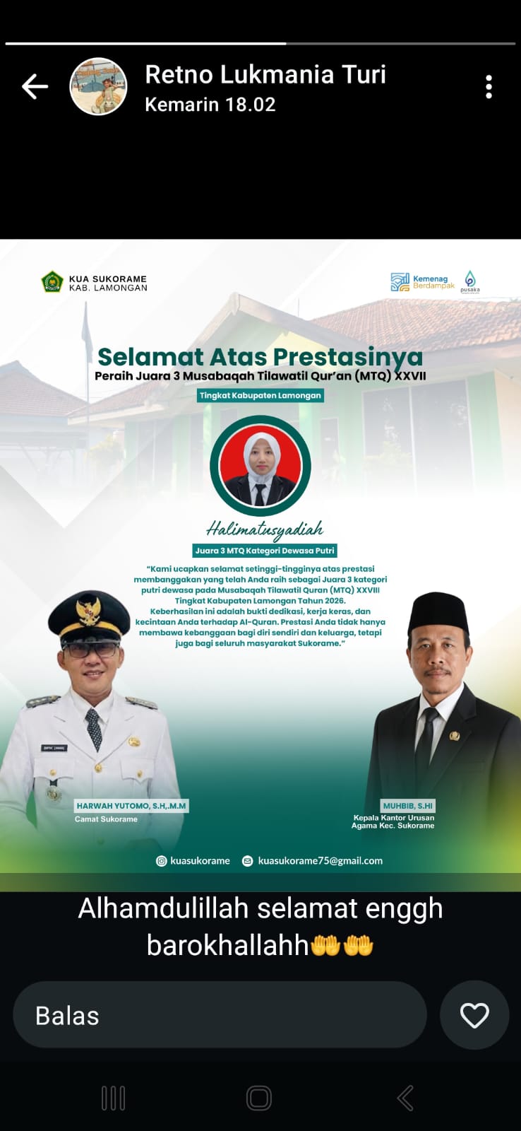 Foto: Selamat dan sukses atas juara 3 lomba MTQ tingkat kabupaten lamongan