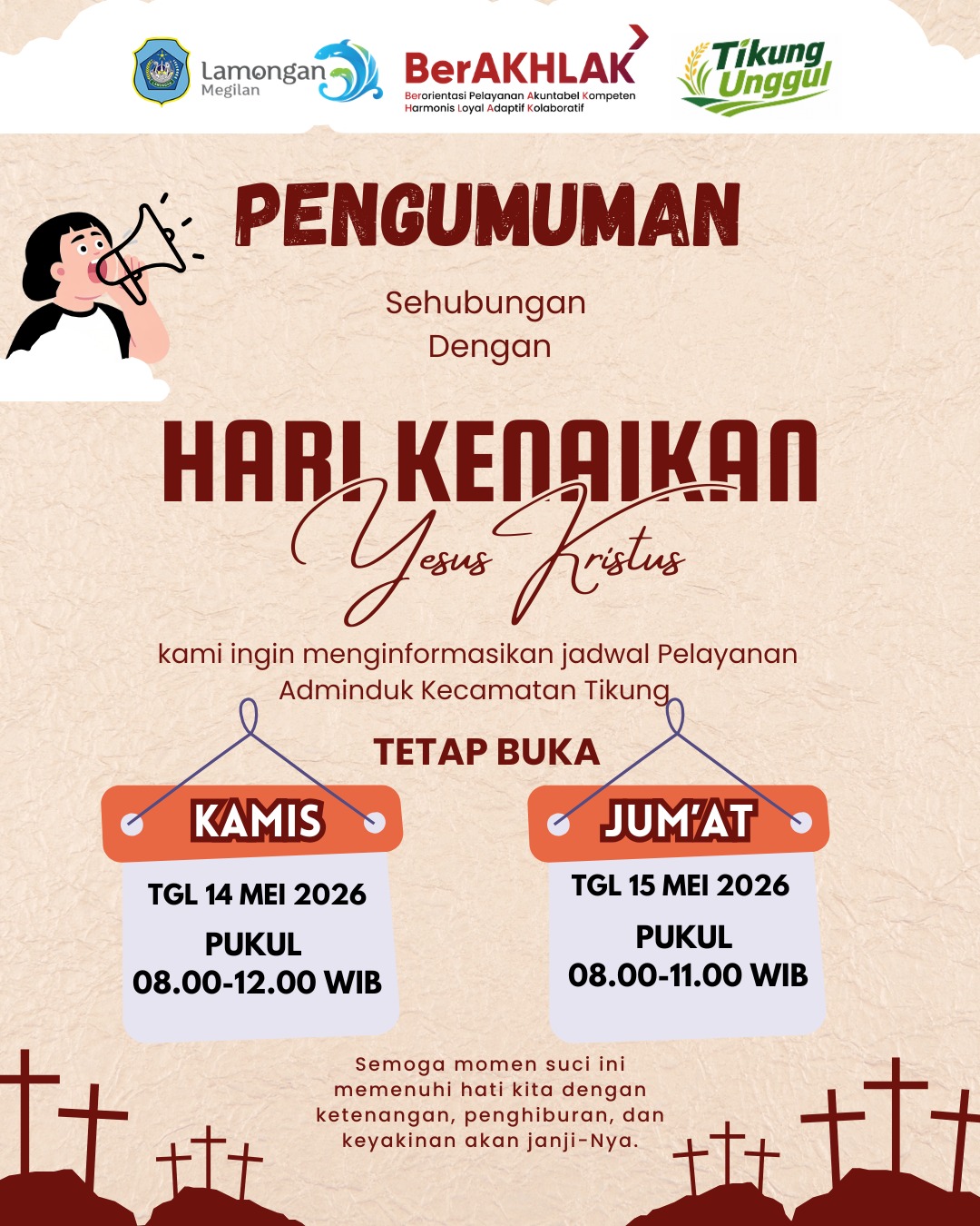 Foto: Pengumuman Jam Operasional Pelayanan Kecamatan Tikung Tetap Buka dalam Rangka Peringatan Kenaikan Yesus Kristus (14–15 Mei 2026)