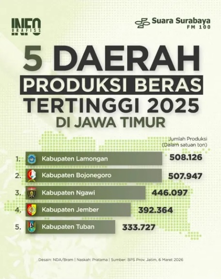 5 DAERAH PRODUKSI BERAS TERTINGGI 2025 DI JAWA TIMUR
